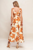 FALL FLORAL SATIN MIDI DRESS RUST