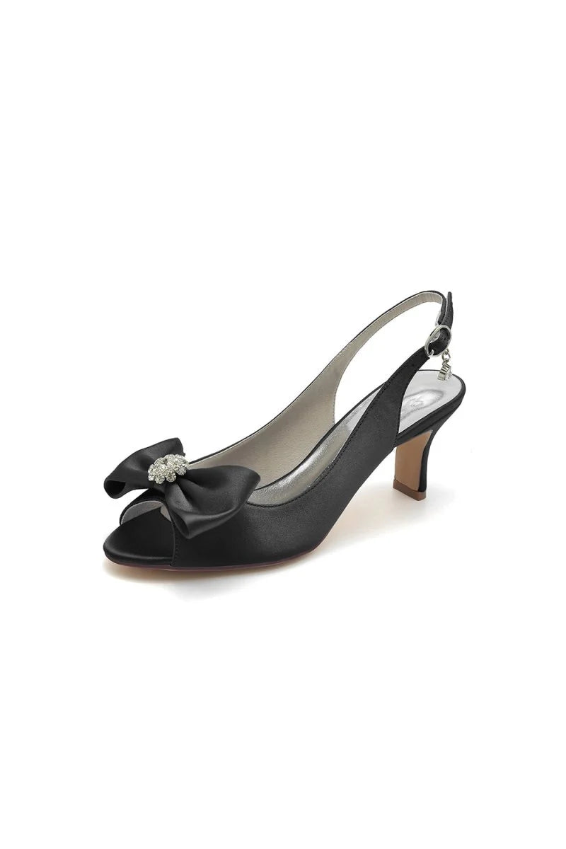 Open Toe Beaded Satin Stiletto Heels With Bow