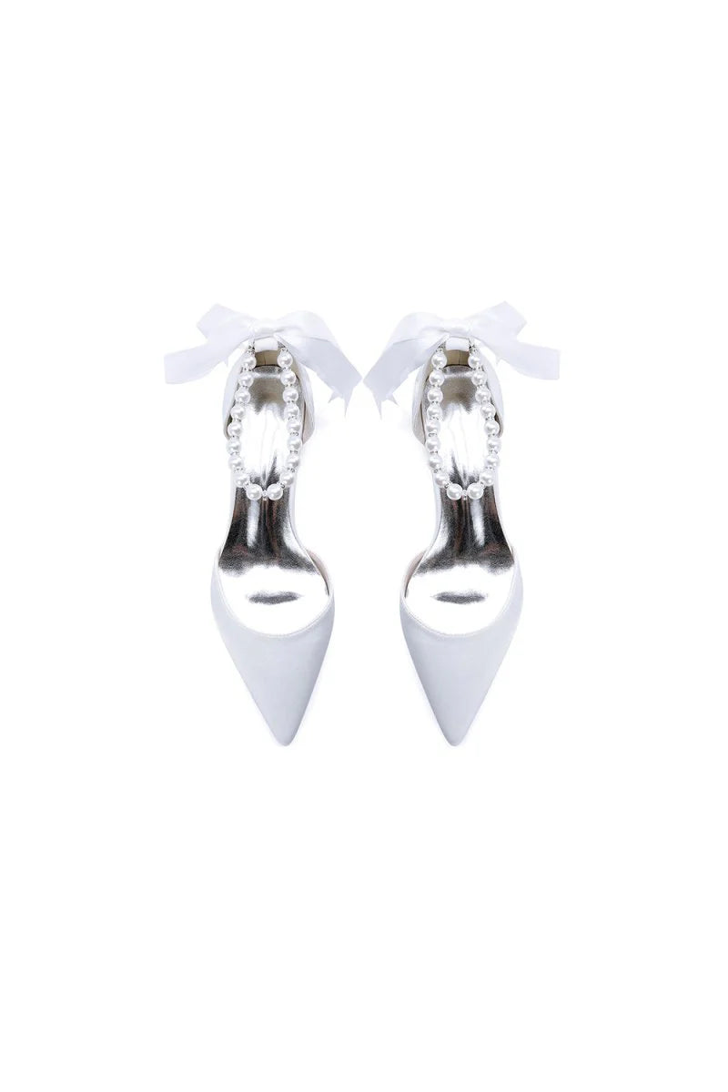 Pointed Toe Satin Pearl Ankle Strap Block Heels With Ribbon Tie