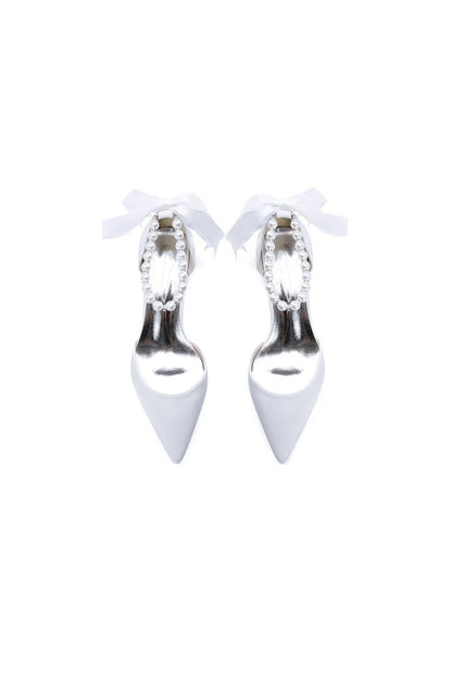 Pointed Toe Satin Pearl Ankle Strap Block Heels With Ribbon Tie