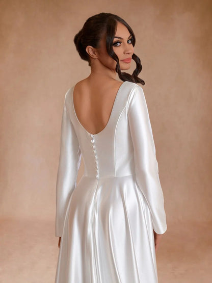 Vintage Satin A Line Bateau Neckline Long Sleeves Bridal Gown Wedding Dresses