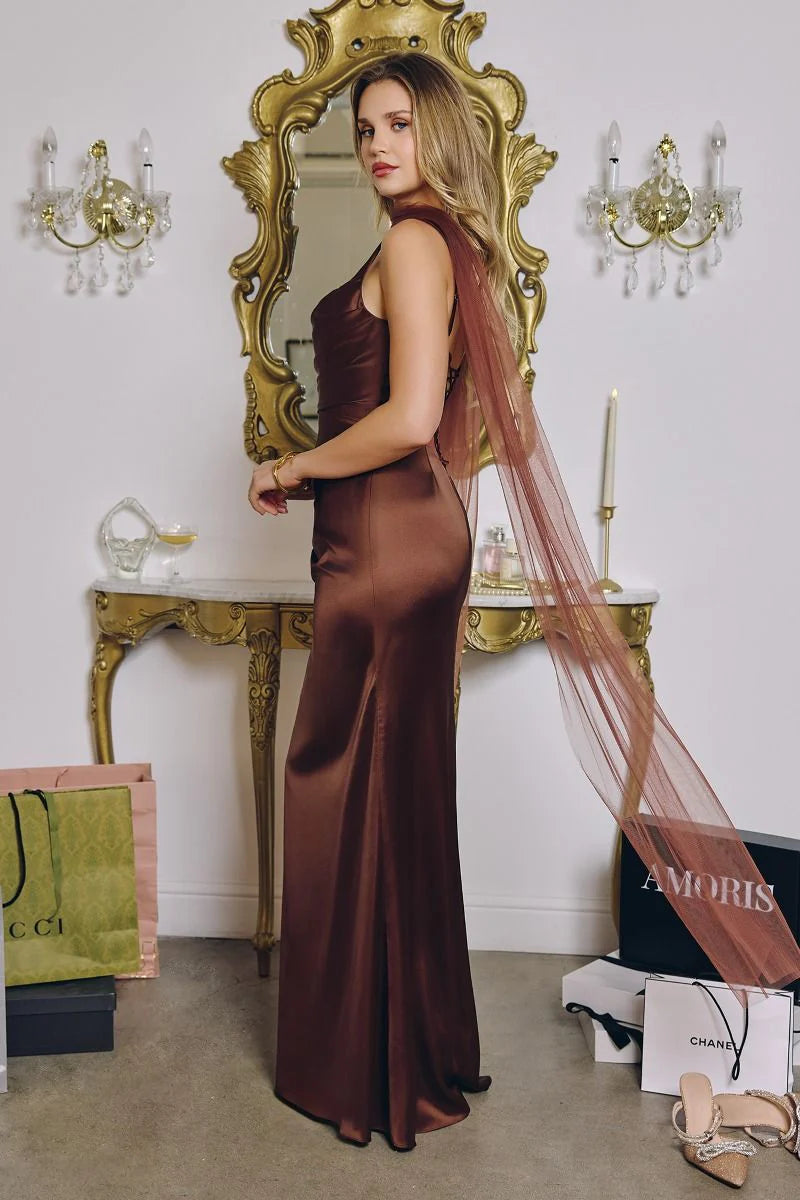 Toby Maxi Satin Dress with Lace Up Back Scarf