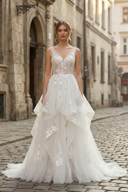Charming A line V Neck Sleeveless Wedding Dress with Lace Appliques