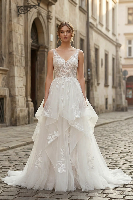 Charming A line V Neck Sleeveless Wedding Dress with Lace Appliques