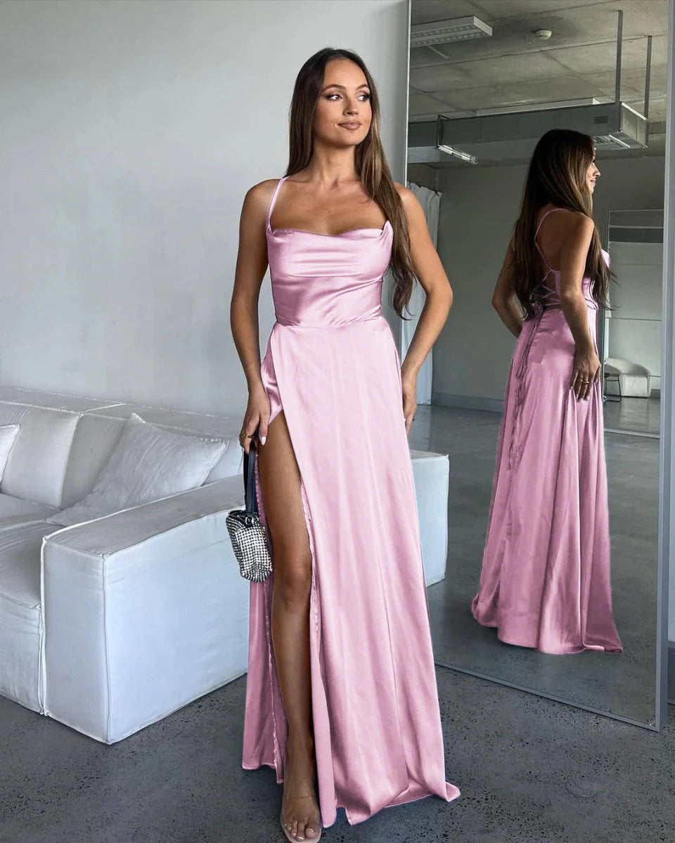 A Line Cowl Neck Blue Silk Satin Bridesmaid Dresses with Slit