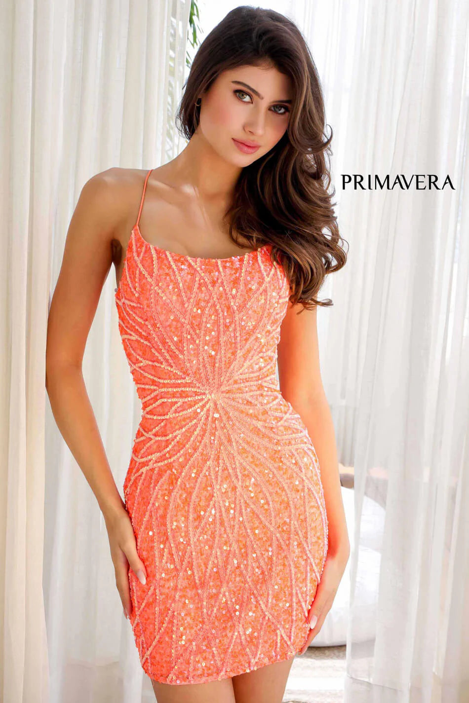 4001 Primavera Scoop Neck Beaded Short Dress with Lace Up Open Back