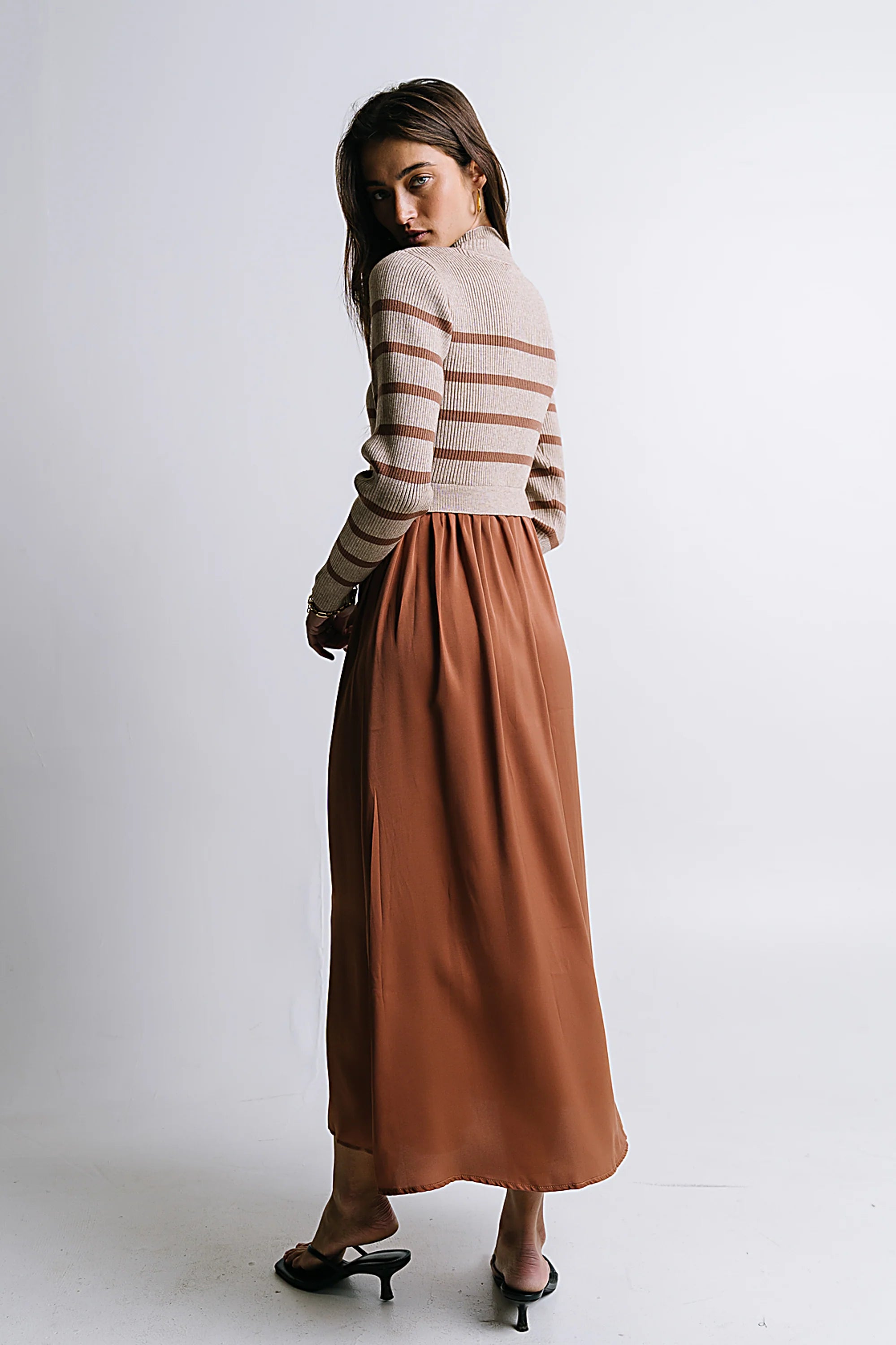 Zeda Midi Dress in Brown Stripe FINAL SALE
