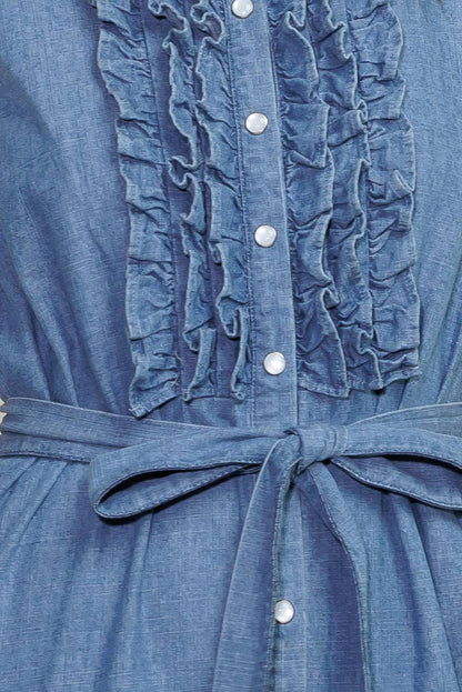 SUNDRENCHED RUFFLE DENIM MIDI DRESS
