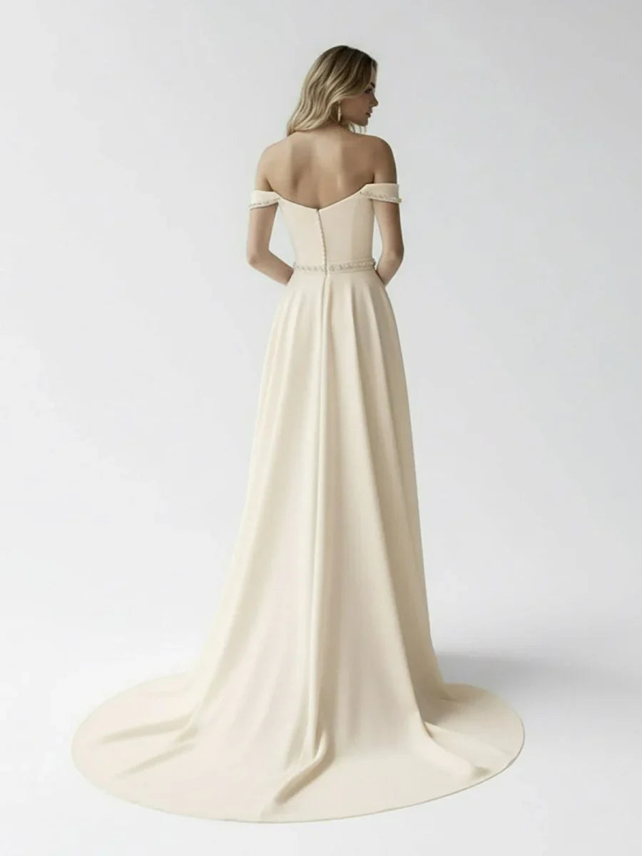 A Line Off the Shoulder Beaded Wedding Dress