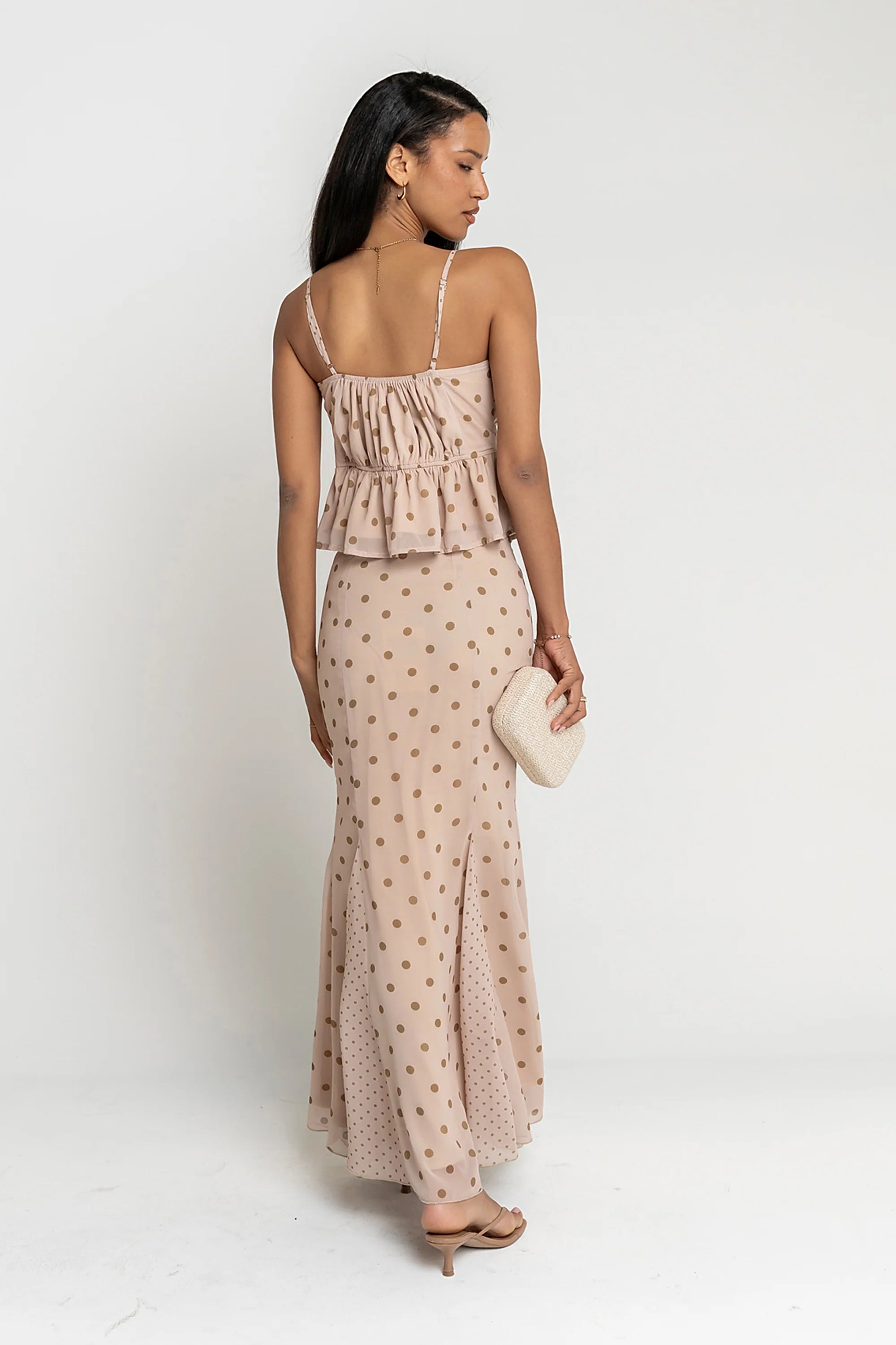 Freida Polka Dot Maxi Skirt in Taupe