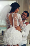 A Line Illusion Neck Lace Applique Long Sleeves Short Mini Wedding Dresses