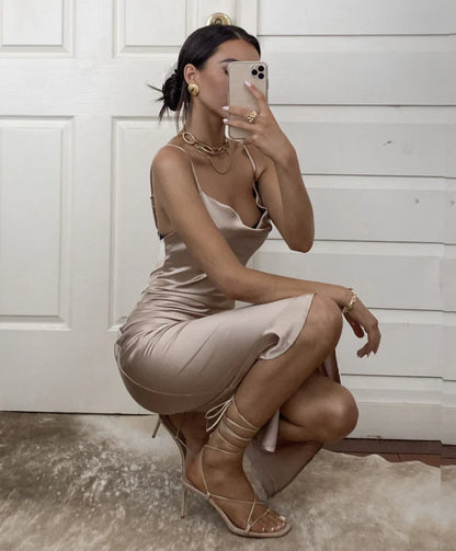 Aspen Midi Dress Champagne Satin Slip Dress