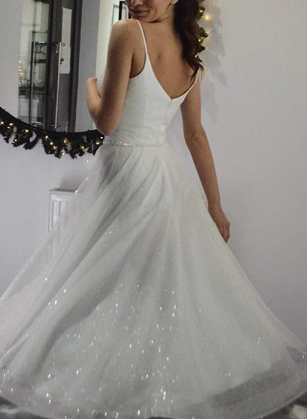 Shiny A Line V Neck Sleeveless Little White Sequined Wedding Dresses