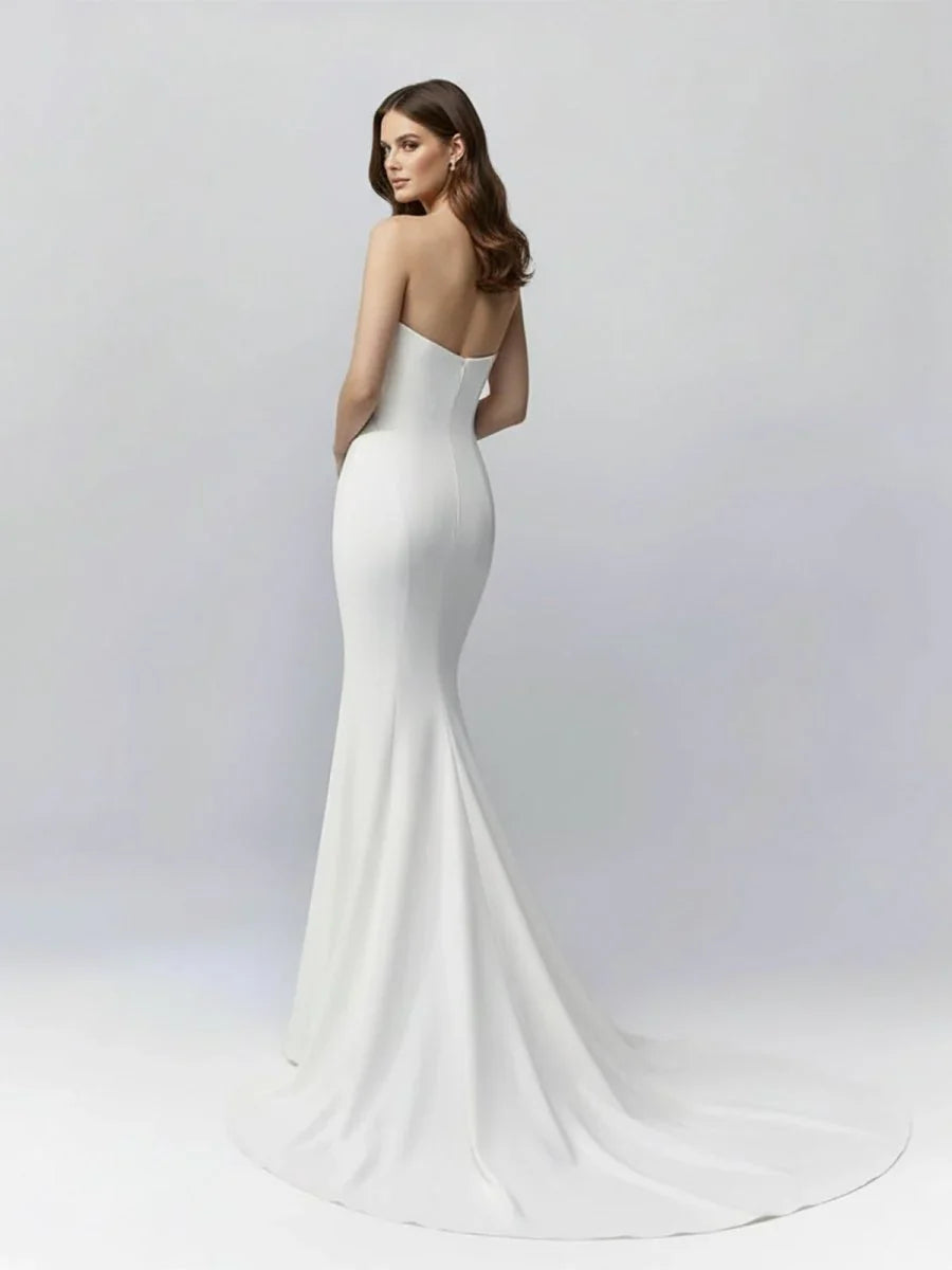 White Simple Sweep Train Boho Long Mermaid Wedding Dress