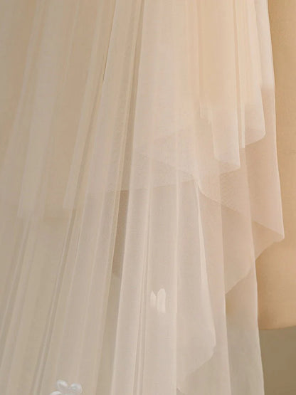 Ombre Champagne Floral Lace Ivory Cathedral Veil with Blusher Bridal Veil Wedding Veil