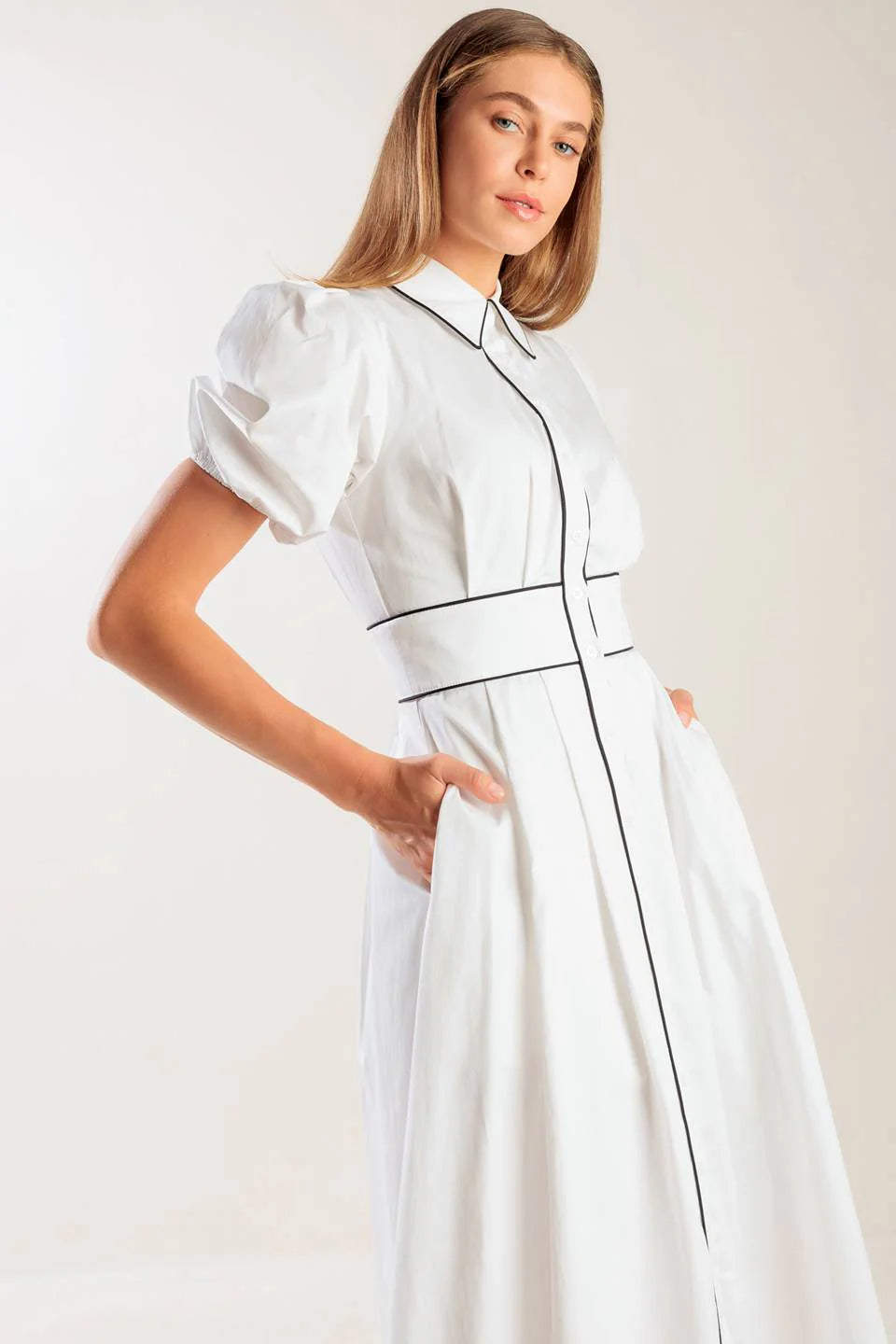 VINTAGE VIBES PUFF SLEEVE MIDI DRESS WHITE