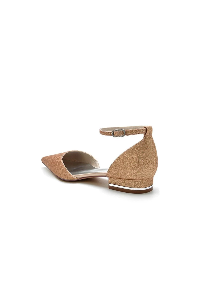 Stretch Glitter With Ankle Strap Pointed Toe Flat Heel Party Shoes