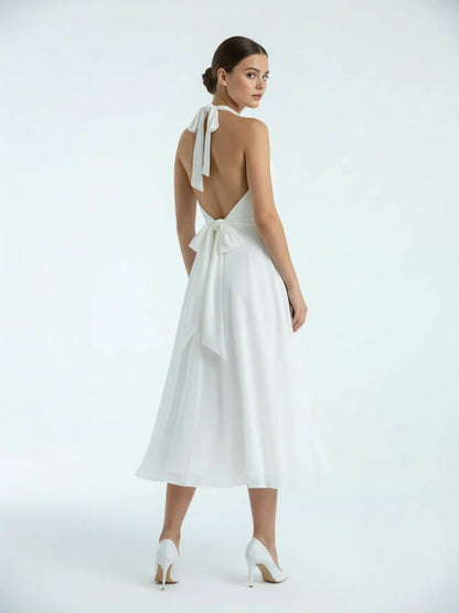 Vintage Tea Length Chiffon Wedding Dress With Halter Neck and Bow