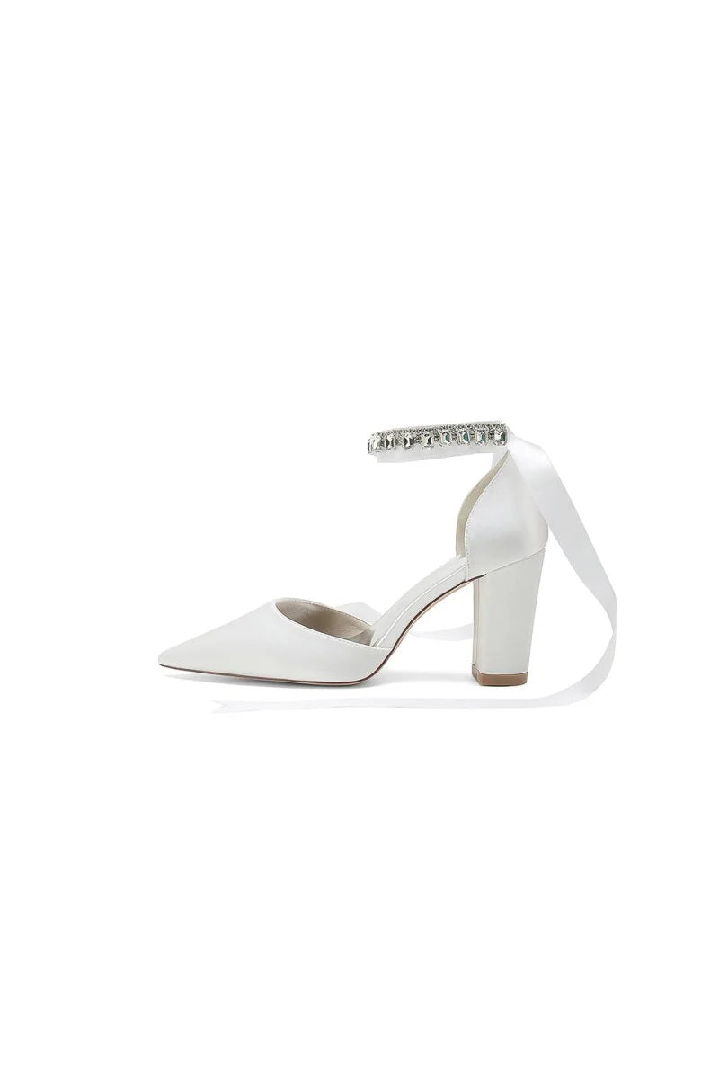 Rhinestone Ribbon Pointed Toe Ankle Strap Chunky Heel