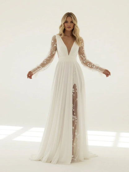 Long Sleeve Boho Flowy Wedding Dress Lace A Line V Neck Beach Gown with Split Front and Sweep Train