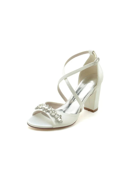 Champagne Cross Strap High Heels with Crystal Embellishments