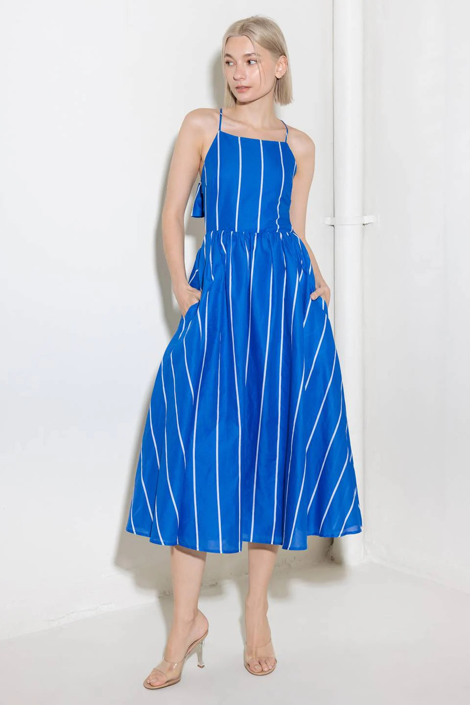 LET THE GOOD IN BLUE STRIPE TIE BACK MIDI DRESS