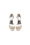 Satin Block Heel Sandal Featuring Delicate Floral Rhinestone Decorations