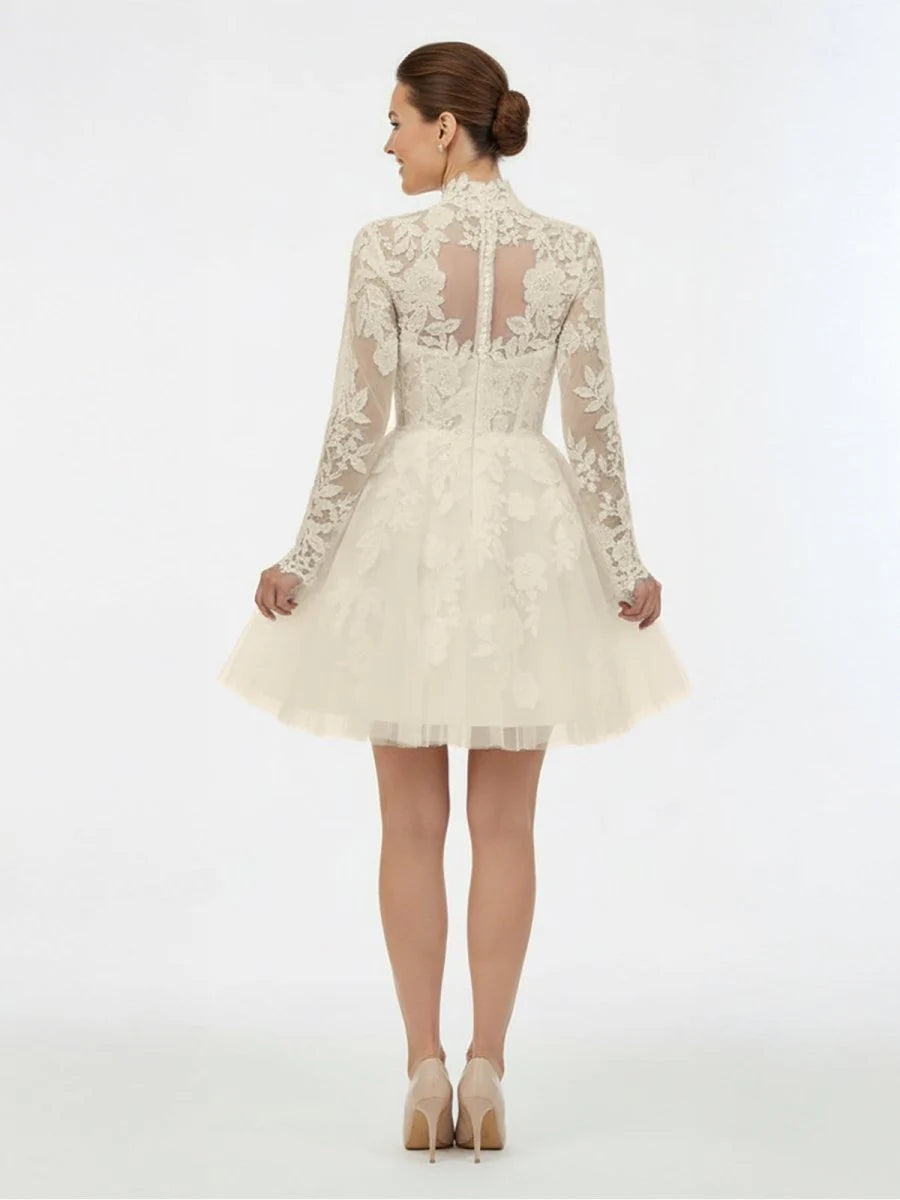 Short White A Line Illusion Neck Long Sleeves Lace Wedding Dresses
