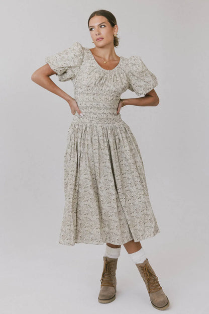 Lucille Smocked Floral Dress in Olive FINAL SALE