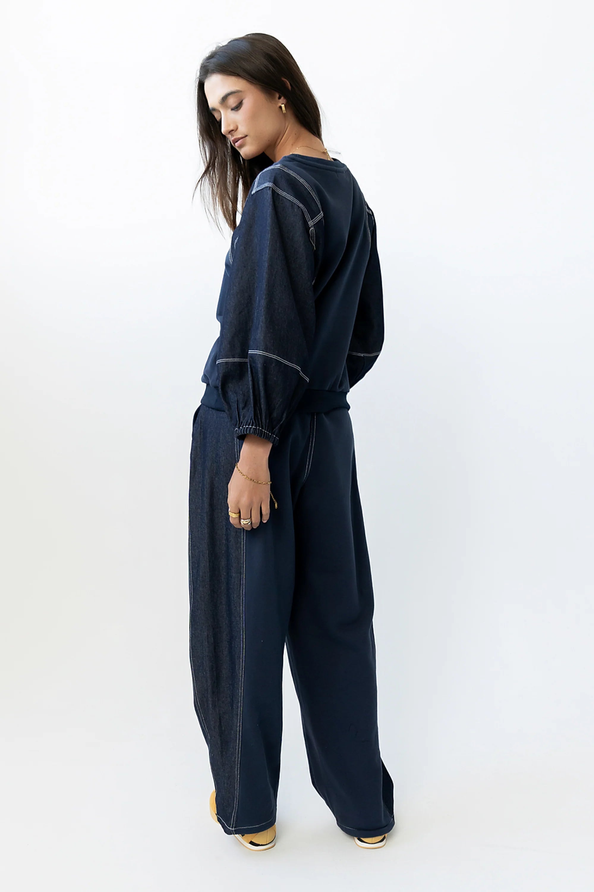 Malinda Mixed Media Baggy Pants in Dark Wash FINAL SALE