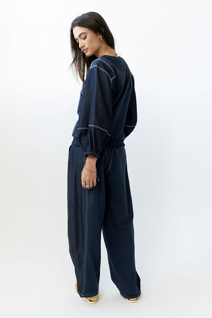 Malinda Mixed Media Baggy Pants in Dark Wash FINAL SALE