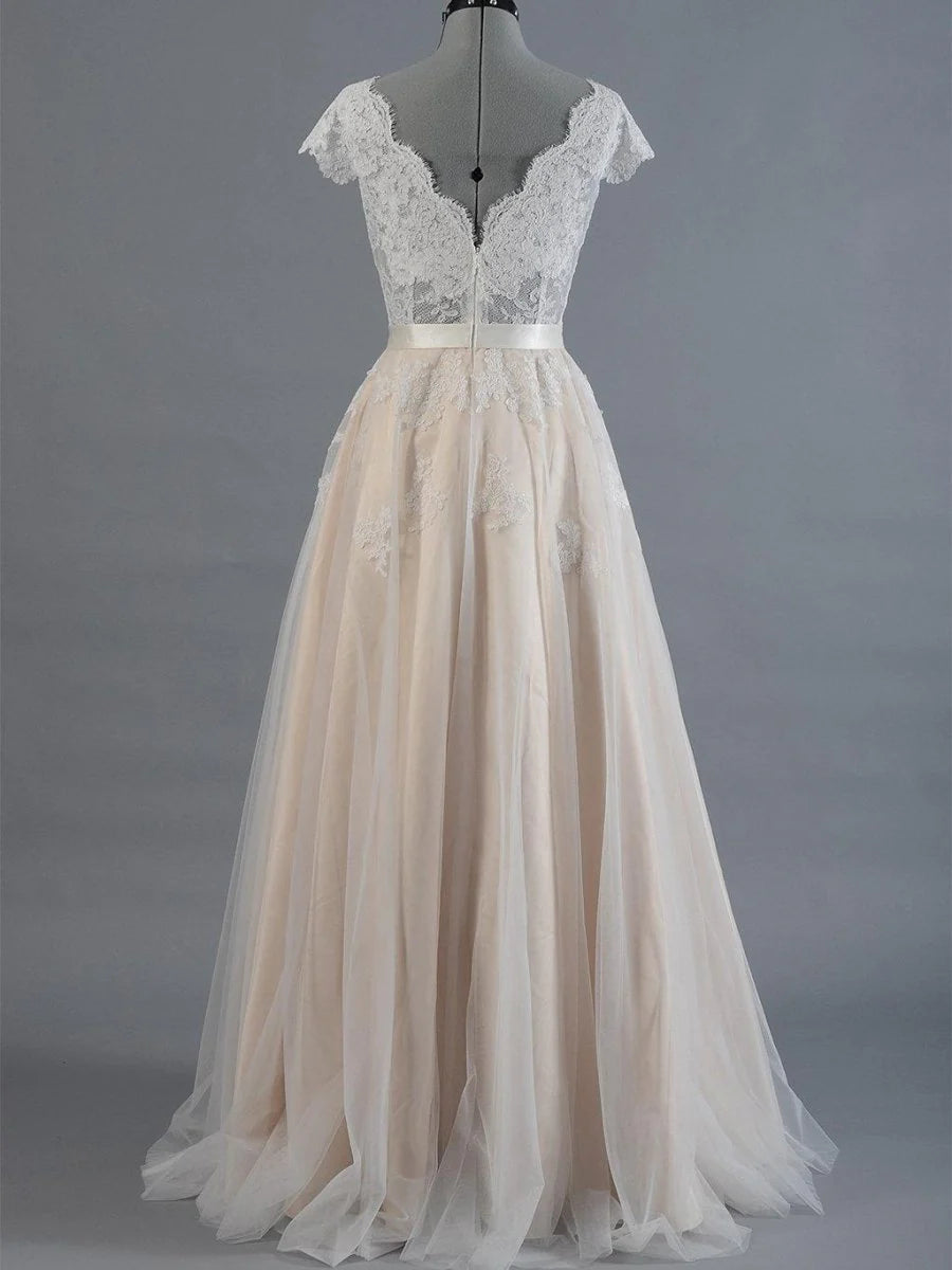 Cap Sleeve V Neck Lace Tulle Wedding Dress With Zipper Back