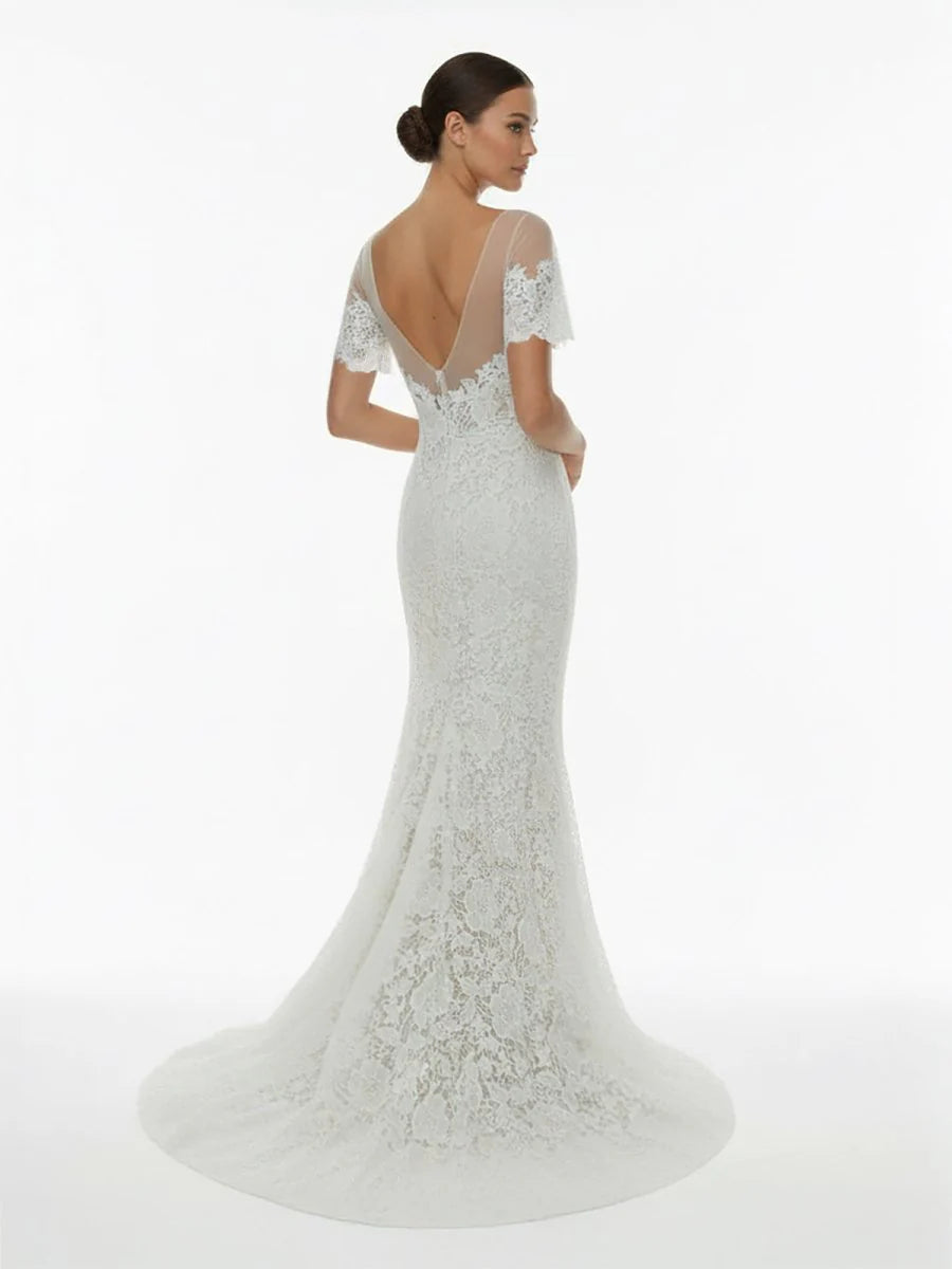 Mermaid Scoop Illusion Neck Floral Wedding Dress