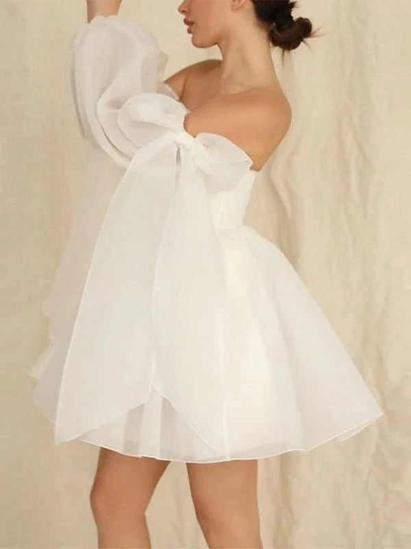 A Line Puff Long Sleeves Short Wedding Dresses With Bows