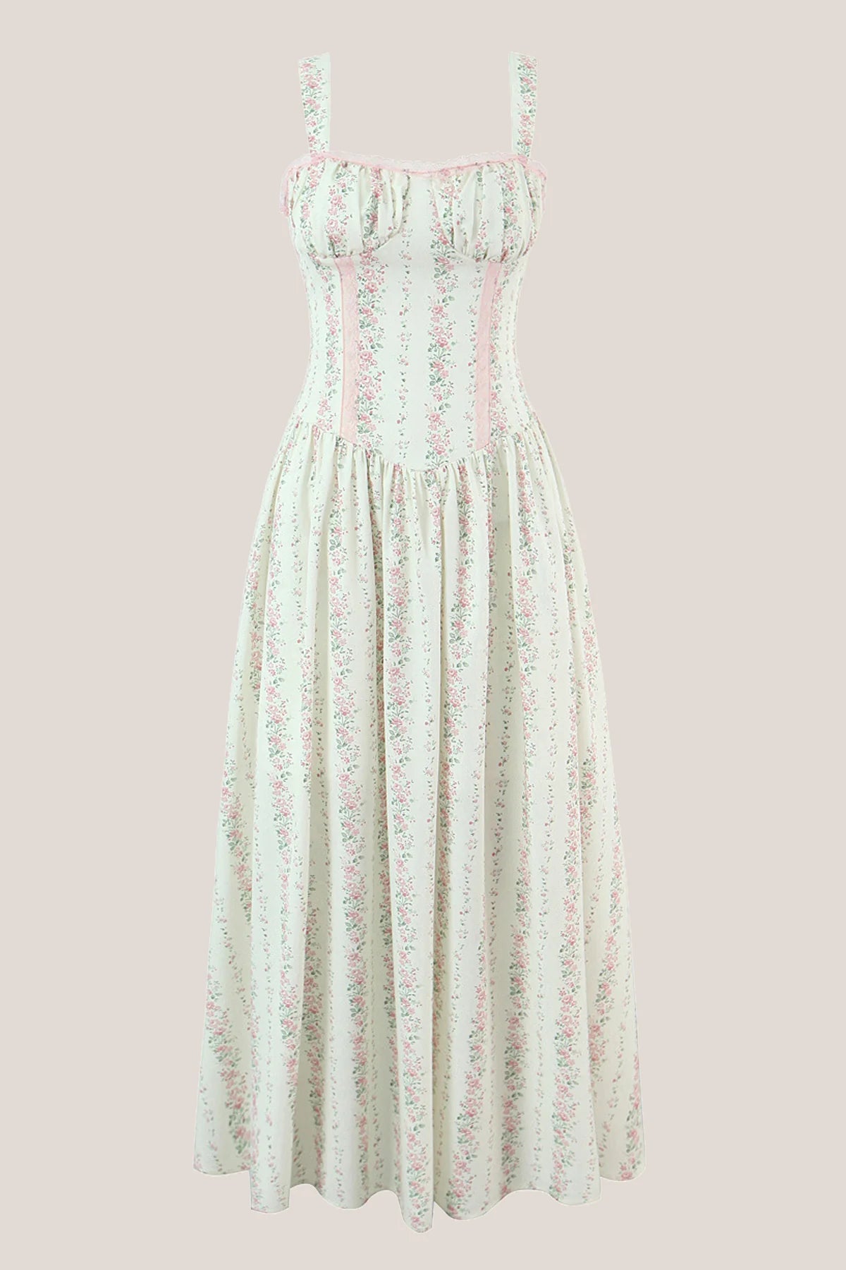 White Vintage Rose Printed A Line Cotton Midi Dress