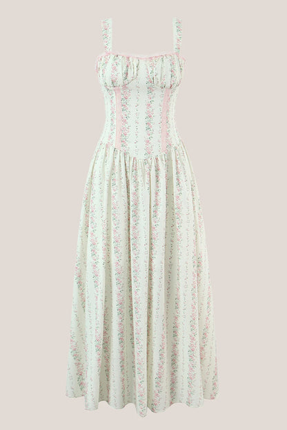 White Vintage Rose Printed A Line Cotton Midi Dress