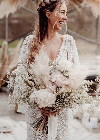 Unique Lace V Neck Mermaid Bohemian Flare Long Sleeve Beach Bridal Gowns