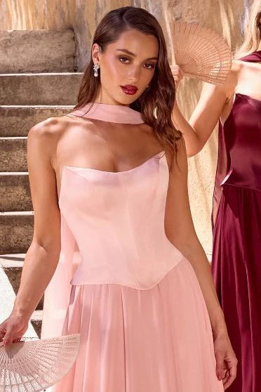ISABELLA GOWN STRAPLESS CHIFFON DRESS WITH SCARF