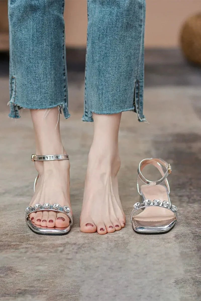 Square Open Toe Low Heel Ankle Strap Party Shoes With Rhinestone