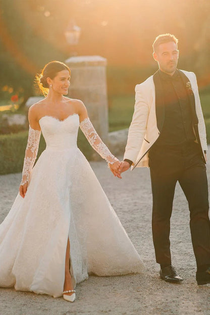 Vintage A Line Sweetheart White Lace Wedding Dresses with Slit
