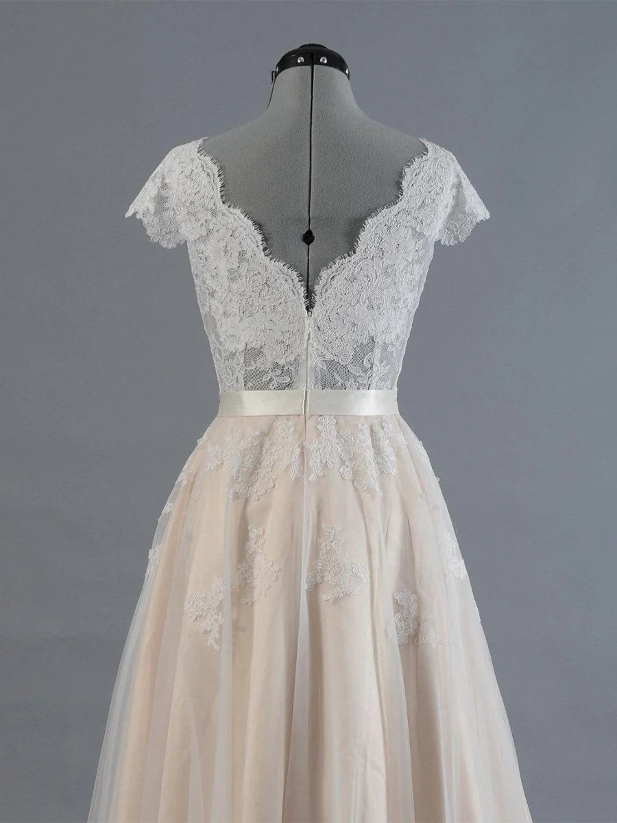 Cap Sleeve V Neck Lace Tulle Wedding Dress With Zipper Back