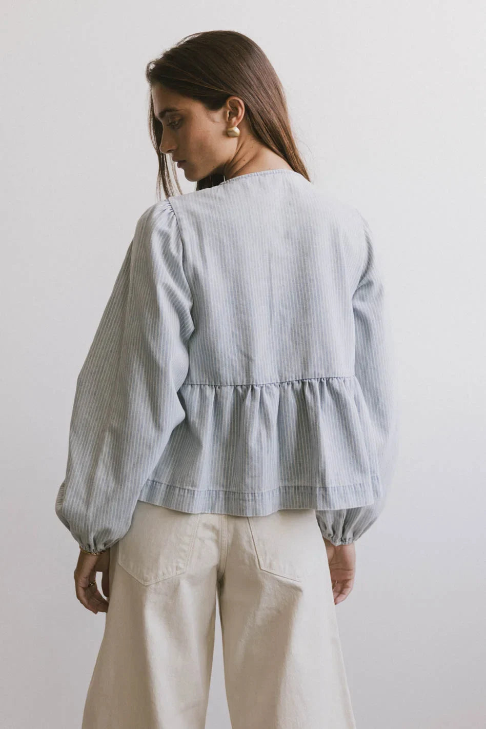 Maggie Peplum Tie Blouse in Light Wash FINAL SALE