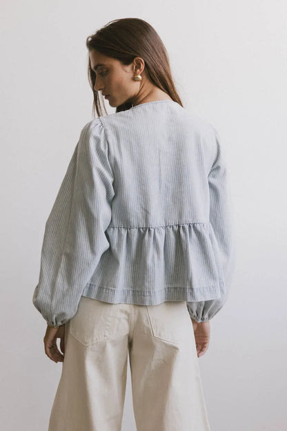 Maggie Peplum Tie Blouse in Light Wash FINAL SALE