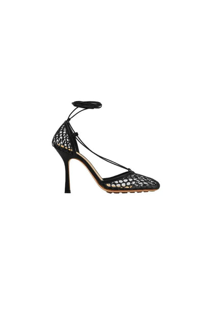 Yellow Stiletto Heel Lace Up Fishnet High Heel Sandals
