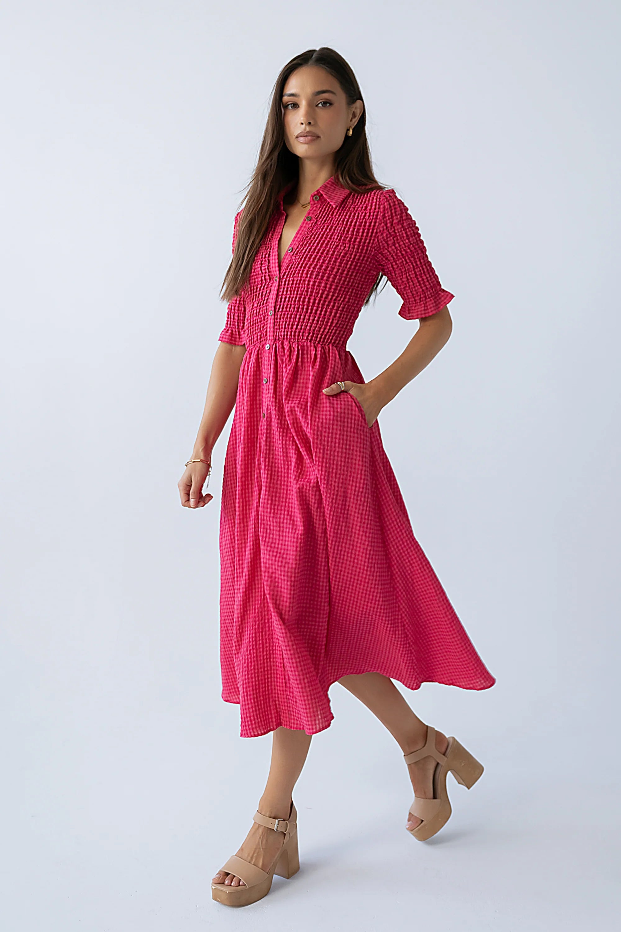 Jonas Gingham Midi Dress in Pink FINAL SALE