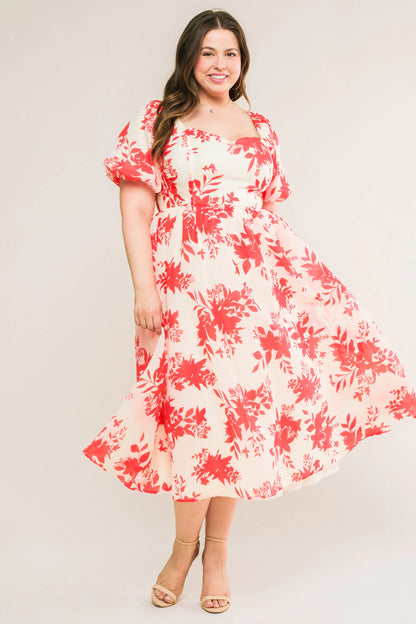 COTTAGE GARDEN PUFF SLEEVE MIDI DRESS RED