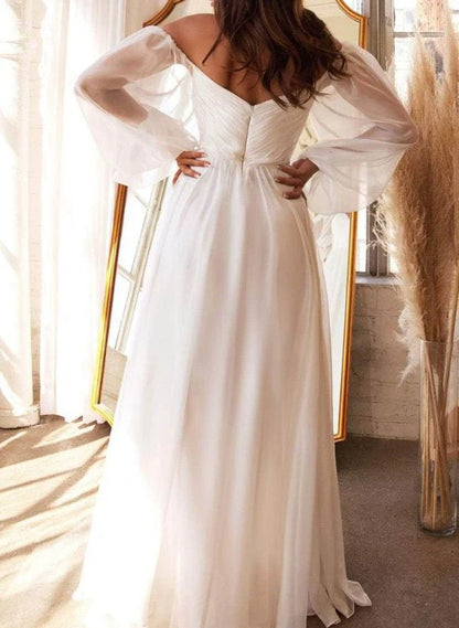 A Line Off the Shoulder Long Sleeves Chiffon Floor Length Wedding Dress