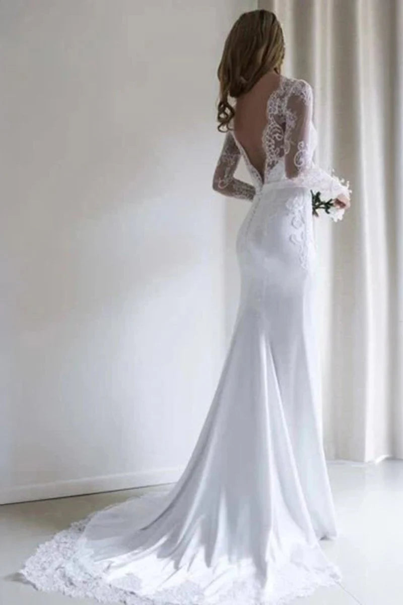 Bateau Lace Long Sleeve Sheath Chiffon Wedding Dress With Sweep Train
