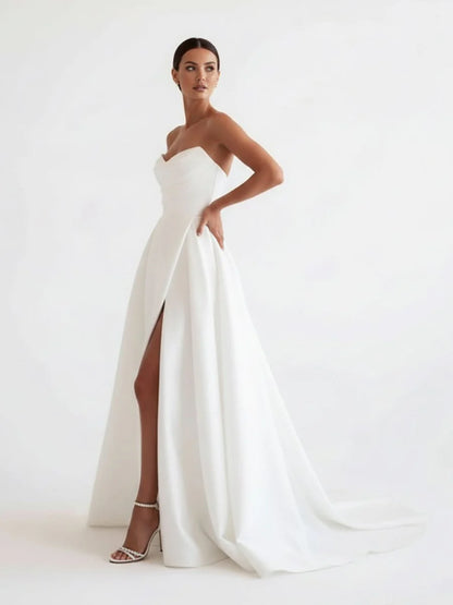 A Line White Sleeveless Satin Wedding Dress With Side Slit