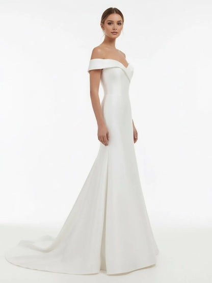 Chic Satin Off the Shoulder Sleeveless Sweep Train Bridal Dress